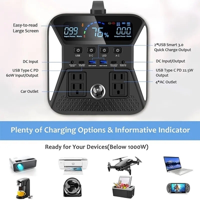 220 ولت از شبکه خارج ژنراتور خورشیدی قابل حمل Lifepo4 باتری 1000W